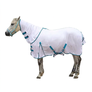 Couverture de cheval imperméable blanche avec bordure bleue, tissu Oxford 600D, toutes saisons, usage extérieur, col standard, 2 sangles pour les pattes - Product Image 1