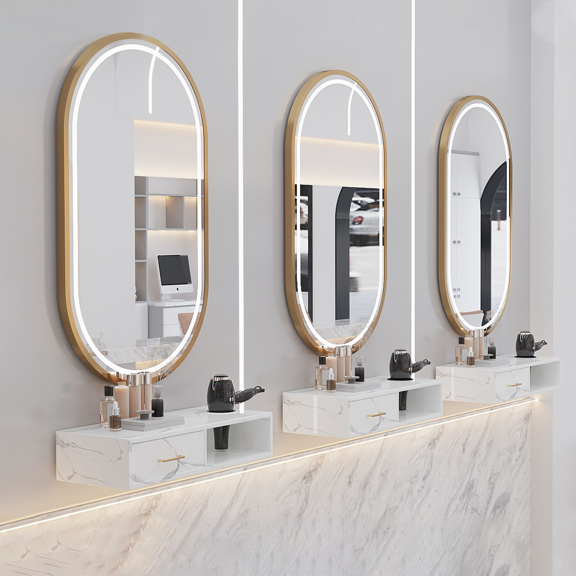 Gold-framed oval + white wall cabinet