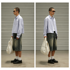 Camicia Corta da Uomo in Cotone Azzurro Stile Giapponese Minimalista, Vestibilità Boxy, Basso MOQ - Product Image 2