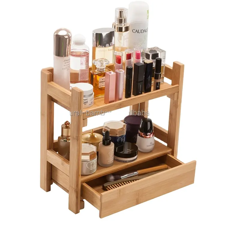 Bamboo Scaffale Cosmetico con Cassetto In Legno Fatti A Mano di Trucco Dell'organizzatore Antiscivolo Design Perfetto Da Tavolo Stoccaggio