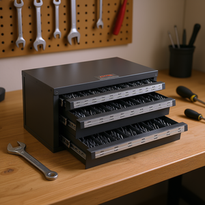 Armoire de rangement pour forets à trois tiroirs, de 1/16 à 1/2, en acier, avec étiquettes empilables pour le rangement des forets, armoires à outils - Product Image 2