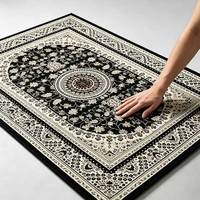 Tapis rectangulaire vintage persan à motif floral orné noir et blanc en polyester antidérapant pour salon, luxe européen