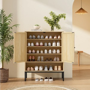 Armoire à chaussures moderne autoportante au design épuré avec portes en rotin, capacité de 18 paires, finition noire élégante - Product Image 5