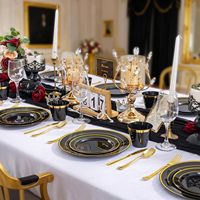 Ensemble de vaisselle jetable en plastique noir et or de 600 pièces pour 100 invités, assiettes à dîner et à dessert, gobelets, couverts pour fête de mariage