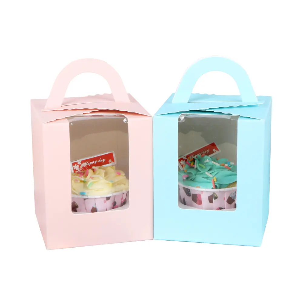 Boîte d'emballage de gâteau avec fenêtre, boîte de récipient de Cupcake de poignée de papier de Logo personnalisé en gros