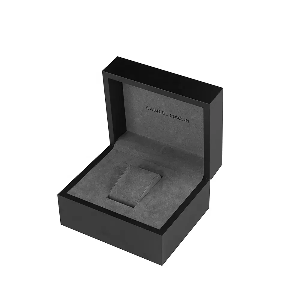 Premium mat laminasyon Flocked Insert kişiselleştirilmiş etiket baskı sert kağıt siyah lüks saat ambalaj kutusu