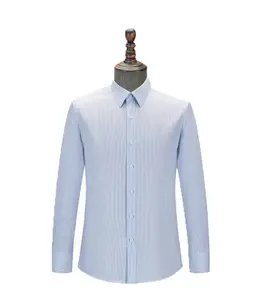 Camisa masculina com listra azul 100% lã, gola regular, com peito único, para casamento, escritório comercial, padrinho, terno formal