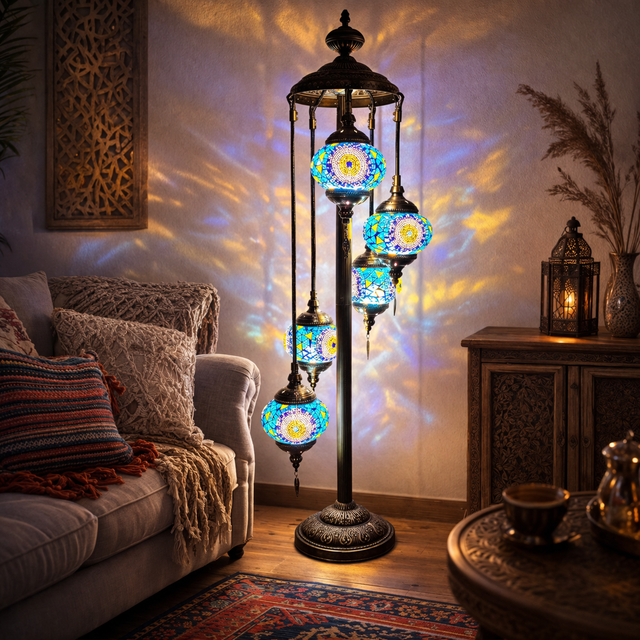 Turkish Mosaic Floor Lamp Handmade Glass Bohemian Decorative Standing Light for Home Decor