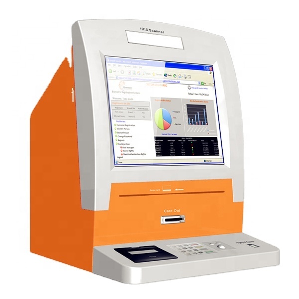 Factory Desktop Touch Screen Attendance Kiosk Card Dispenser Card Printer Kiosk with Signature Pad Iris Scanner