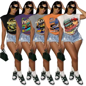 Kaus Atasan Tank Top Crop Wanita Kaus Kaus Bergambar Grafiti Cetak Katun Wanita Seksi Streetwear