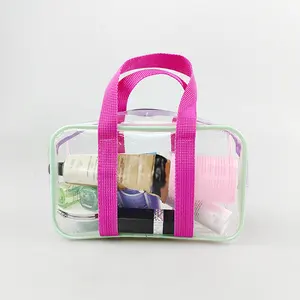 custom logo Clear PVC Travel Holiday Cosmetic Bag Transparent Carry on Makeup Bags With Handle See Through Plastic Clear Case