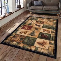 Tapis rectangulaire à motif ours et élan, en polyester, à poils ras, antidérapant, imperméable, lavable, style ferme