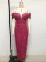 Robe de soirée de bal élégante pour femmes, faite à la main, scintillante, formelle, pour soirée, robe de soirée de luxe rose bonbon, épaules dénudées, paillettes, strass, sirène