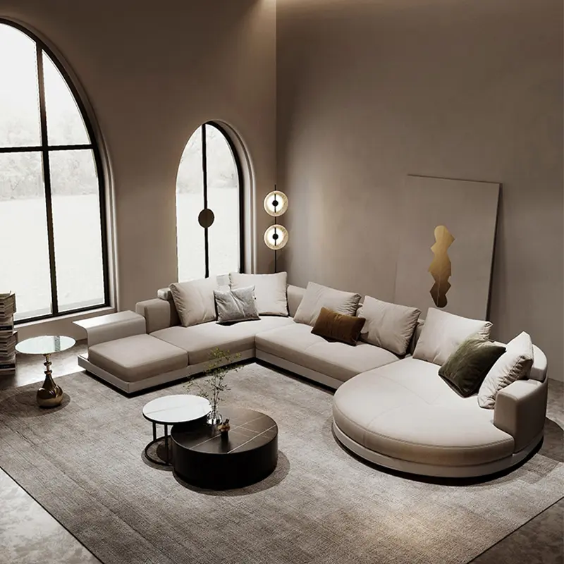 Canapé d'angle italien de luxe moderne et minimaliste en tissu et cuir avec design d'aile Mobilier modulaire pour la maison Canapé modulable