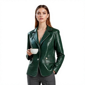 Blazer en similicuir vert à motif crocodile gaufré, simple boutonnage, col rabattu, manches longues, veste d'automne pour femme - Product Image 6