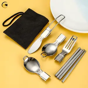 GEMEI Set alat makan berkemah, peralatan berkemah 4-in-1, sendok garpu Stainless Steel portabel Kombo untuk perjalanan piknik