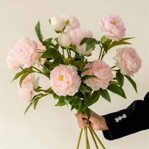 3 رؤوس من زهرة الفاوانيا الصناعية الحريرية باللون الأبيض والوردي لتزيين حفلات الزفاف تُحف الصميم المركزي للمنازل