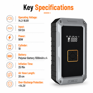 Compresseur d'air portable sans fil 90W, type C, cylindre 19mm, pompe de gonflage de pneus rechargeable pour voitures, motos, vélos, OEM ODM - Product Image 4