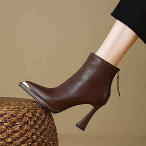 Women's <strong>Black</strong> Leather <strong>Ankle</strong> Boots Pointed Toe Block Heel <strong>Gold</strong> Decor Side Zipper Fashion <strong>Booties</strong> for Office Party Wear - Product Image 4