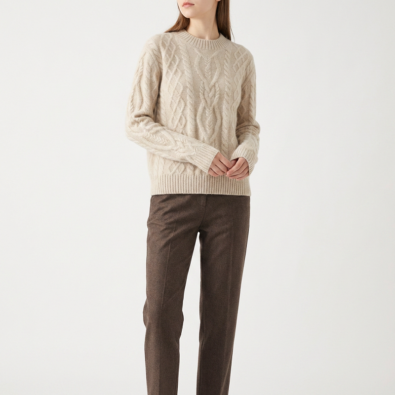 Women Cashmere Sweater Crew Neck Textured Cable Knit Office Casual Pullover