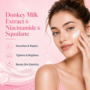 Crème éclaircissante au <span class=keywords><strong>lait</strong></span> d'<span class=keywords><strong>ânesse</strong></span> OEM personnalisée 50g Niacinamide Squalane Marque privée Crème nourrissante pour le visage Formule personnalisée Vente en gros - Product Image 2