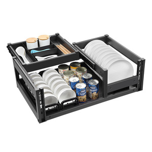 Pull Out Kitchen Cabinet Drawer Style Aluminum Alloy Double Layer Dish Bowl Storage Rack With Removable Basket For Kitchen - Product Image 1