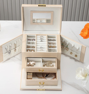 PUSHI white double portable jewelry drawer box PU leather earrings ring necklace jewelry box cosmetic storage box
