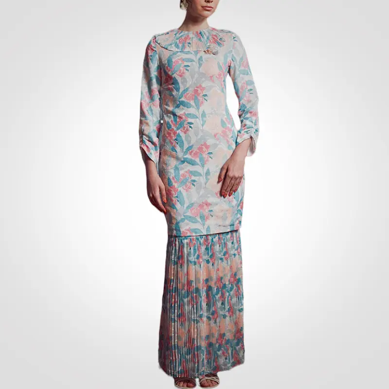SIPO Eid Baju RayaマレーシアMusulmanKurungフローラルオーガンザレースの装飾されたウエストライン付き女性ドレスモダンバジュクルン