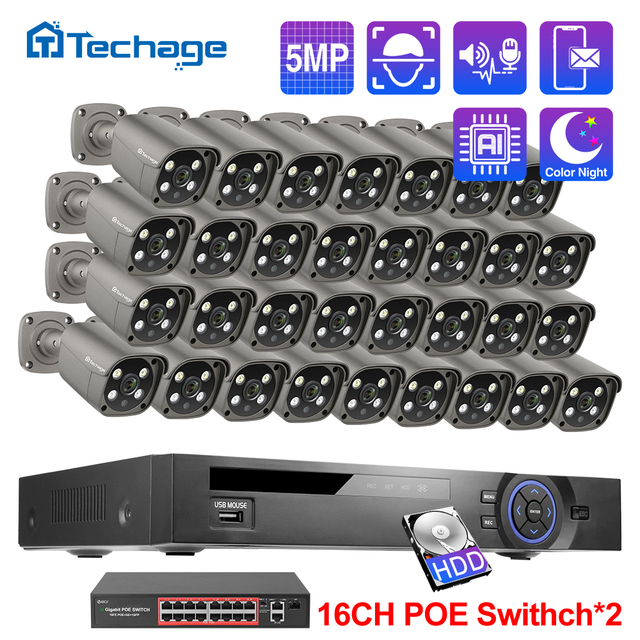 Techage 5MP Network Bullet Camera Ip Outdoor Poe Kit Two-Way Audio Home 36Ch Nvr Kit 5Mp Security Camera Cctv System
