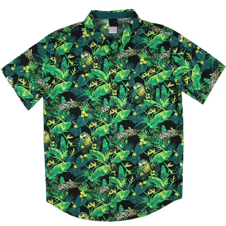 En kaliteli özelleştirilmiş yeşil erkekler yaz kısa kollu Hawaiian plaj gömlek
