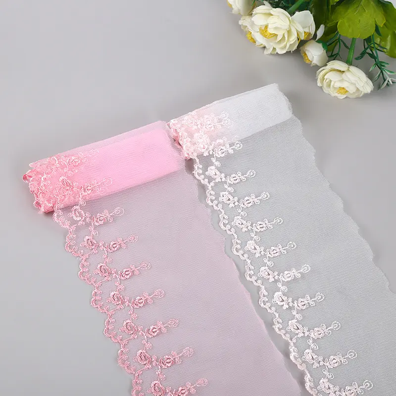 Mode jouet robe rose Net dentelle tissu fleur broderie dentelle coupe pour les jeunes filles