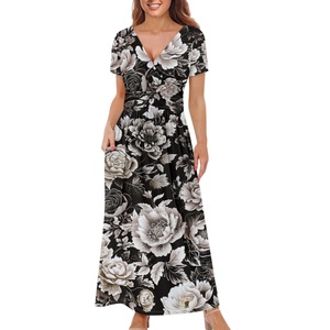 Vestido feminino de manga curta com decote em V retrô floral estampado maxi casual, com gravata na cintura, confortável e fluido, vestido longo - Product Image 4