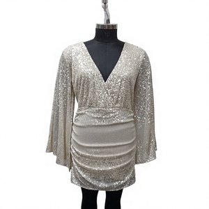 Elegant <b>Sequined</b> Sheath Dress V-Neck Full Sleeve Ruched Above Knee Length Solid Color Evening Gown - Product Image 1