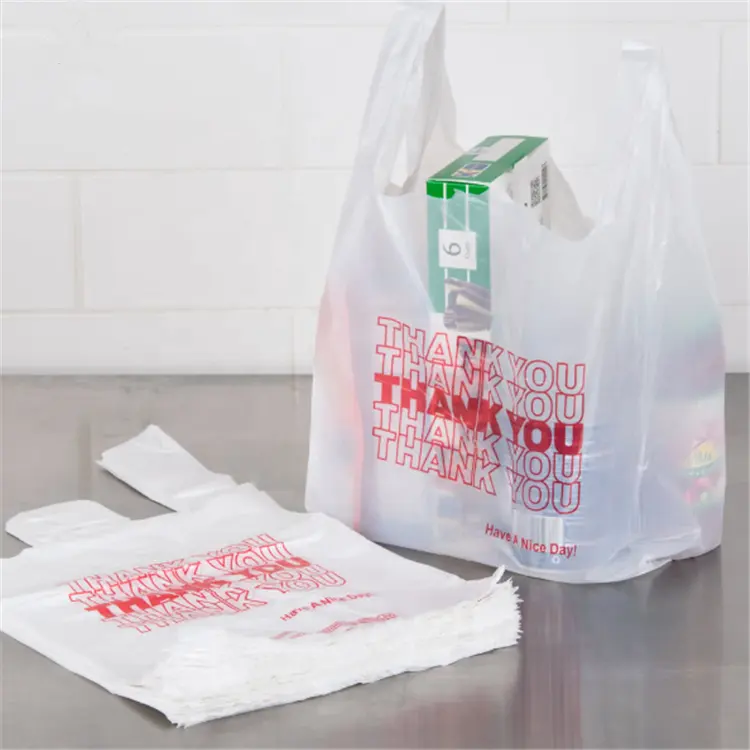 Tas plastik kaus hitam dan putih polos tas singlet dibuat tas poli bening dengan pegangan