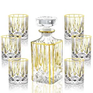 N14 Sang Trọng Vàng Thời Trang Cũ Kính Decanter Set Pha Lê Thủy Tinh Vuông Whiskey Decanter Tumbler Set