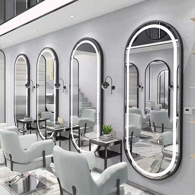 Hot Sale Barber Station Makeup Hair Salon Bathroom Mirror Oval Gold Framed Wall Led Light IP44 Illuminated Smart Display Screen