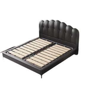Cama Italiana Minimalista de Cuero Genuino, Cama Matrimonial Moderna, Cama de Lujo para Recámara Principal, Cama Grande Negra con Diseño de Ondas - Product Image 4