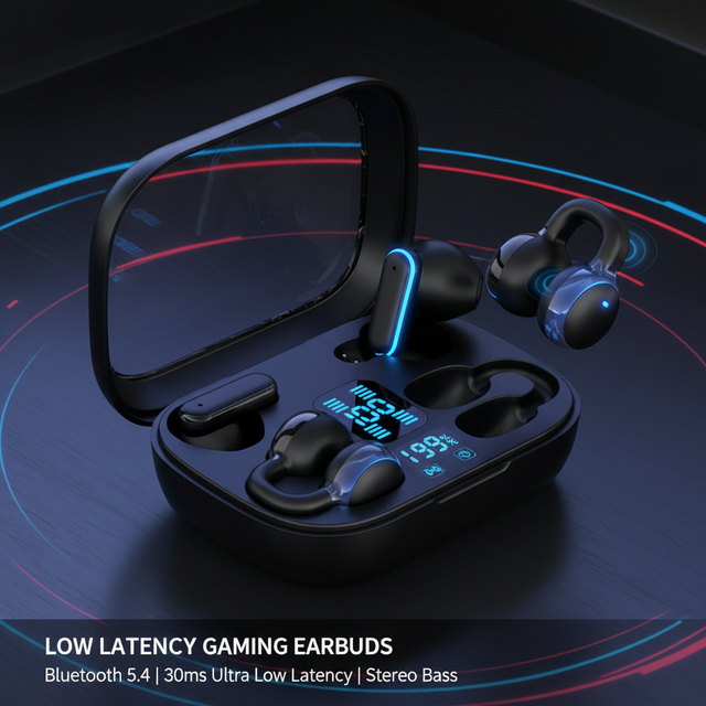 Low Latency JL Gaming Earbuds for 5.4 30ms Wireless Ear Clip Headphones Sports Stereo Bass IPX4 Waterproof LED Digital