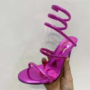Multi-colori caviglia avvolgere cinturini incrociati spettacolo da donna tacchi a spillo tacchi alti Sexy sandali brevettati rotondi scarpe Open Toe