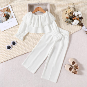 Vêtements pour enfants en gros printemps-automne 2023, hauts et pantalons en dentelle blanche, ensemble de 2 pièces pour filles - Product Image 2