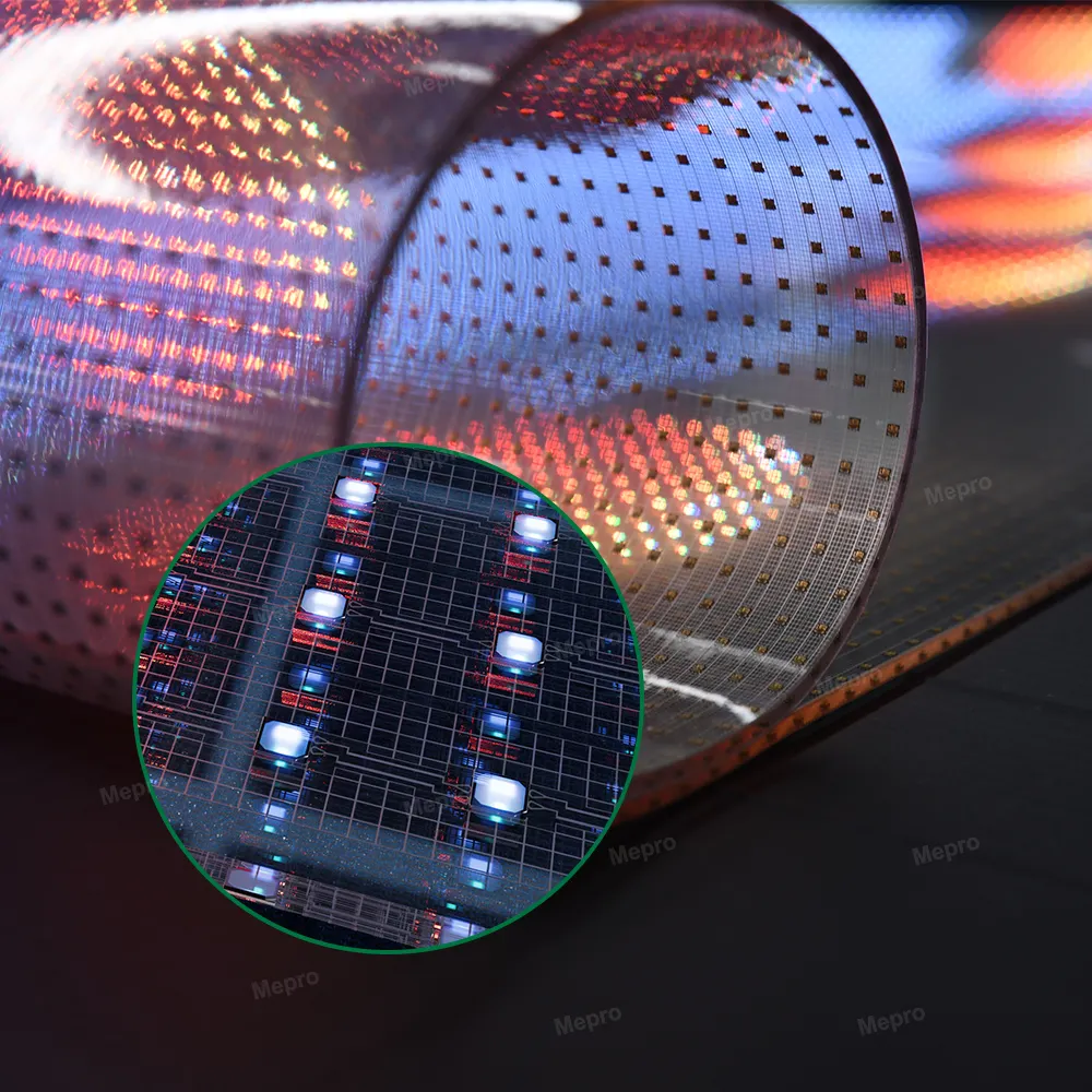 2023 nuova tecnologia per interni trasparente pellicola a LED schermo PCB bordo flessibile morbido curvo tenda trasparente schermo a led