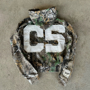 Custom Printed Patchwork Embroidery French Terry Zipper Cropped Cotton Zip <b>Hoodie</b> for Men Boxy Real Tree Camo Zip up <b>Hoodie</b> - Product Image 4