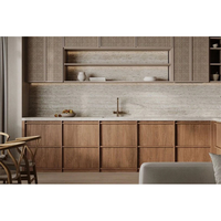 Meuble de cuisine professionnel tout-en-un, finition bois couleur noyer, style Shaker, avec placage en bois rainuré et accessoires