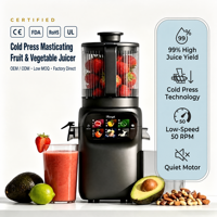 Extracteur de jus à froid OEM, certifié CE RoHS FDA UL, rendement élevé de 99%, faible MOQ (1 pièce), moteur silencieux 50 tr/min, vente en gros B2B