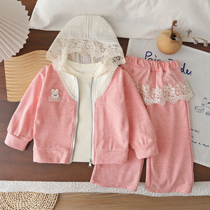 Ensemble de vêtements pour filles en dentelle exquise, 3 pièces, tenue décontractée douce et confortable pour le printemps, l'automne, à porter tous les jours - Product Image 3
