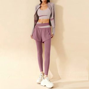 <span class=keywords><strong>Ensemble</strong></span> de sport respirant color block 3 pièces pour <span class=keywords><strong>femme</strong></span> : short 2-en-1, leggings, veste de sport zippée, soutien-gorge de fitness, extensible dans les quatre sens, haute performance - Product Image 2