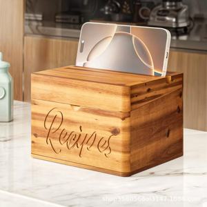 Boîte à recettes en bois avec séparateur, support de téléphone à rabat, organisateur de rangement de cuisine pour comptoir - Product Image 1