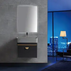 Meuble moderne de luxe léger ensemble de meuble vasque mural en bois noir et or