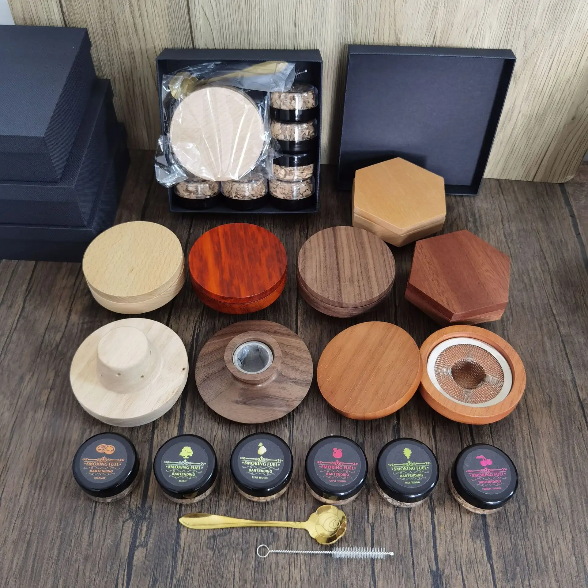 Factory direct wholesale custom round hexagon beech wooden whiskey wine cocktail smoker set bar wood kit