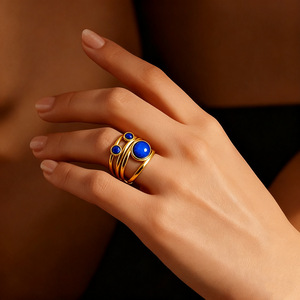 Stainless Steel <b>Ring</b> With Natural Stone Inlay Vintage Geometric Design Adjustable <b>Opening</b> Unisex Jewelry Gift - Product Image 1